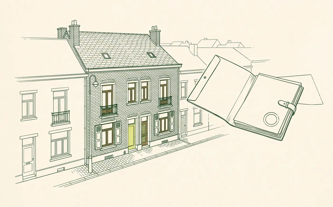 Dessin à l'encre d'une maison mitoyenne en brique et d'un dossier ouvert portant un tampon