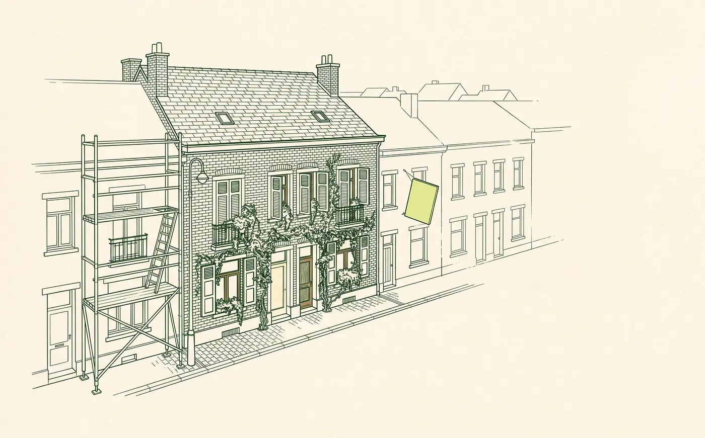 Dessin à l'encre de trois maisons belges alignées : échafaudage, volets fermés, panneau de travers